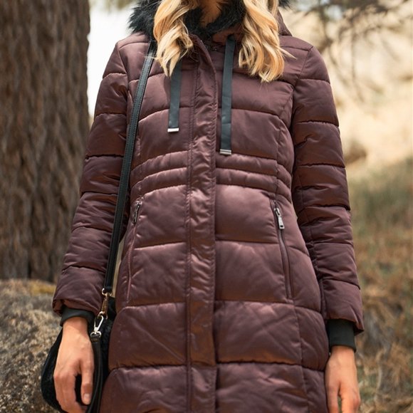 Wine Glossy Long Fitted Vegan Fur Hood Detail Wint - Picture 2 of 4